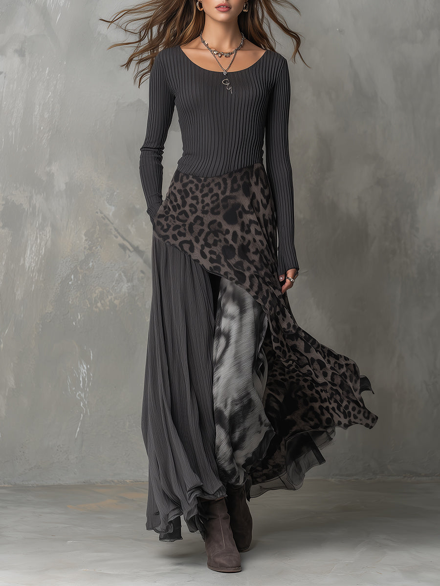 Martina - Długa sukienka w stylu boho z leopardzim nadrukiem