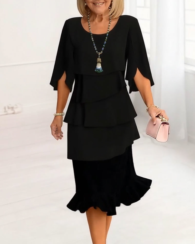 Renata -  Elegancka sukienka midi z rękawami w stylu ruffle