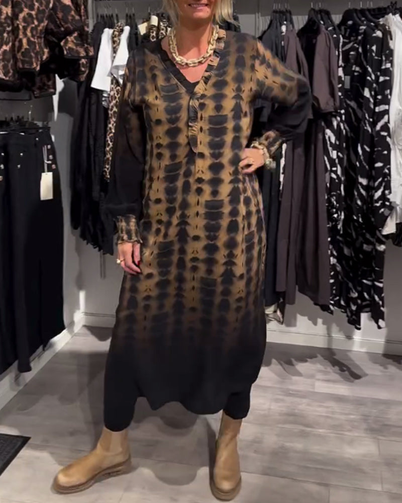 Ombre - V-neck długi rękaw warstwowa sukienka