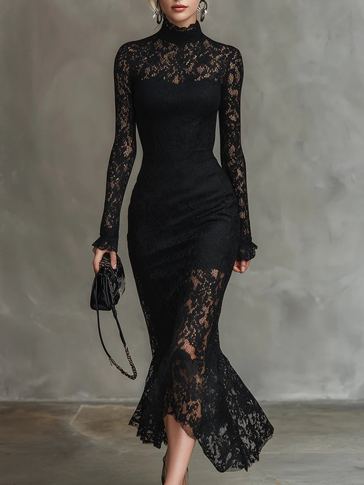 Elwira - Elegancka czarna sukienka maxi z koronką