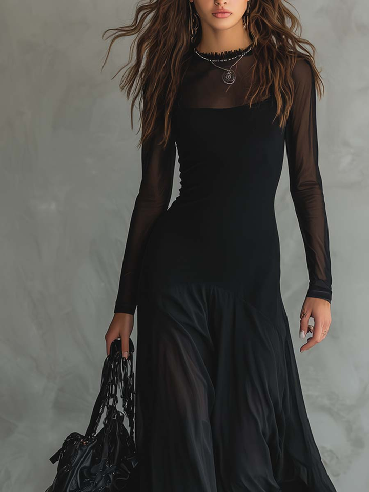 Czarna Sukienka Maxi z Tulle w Luźnym Kroju
