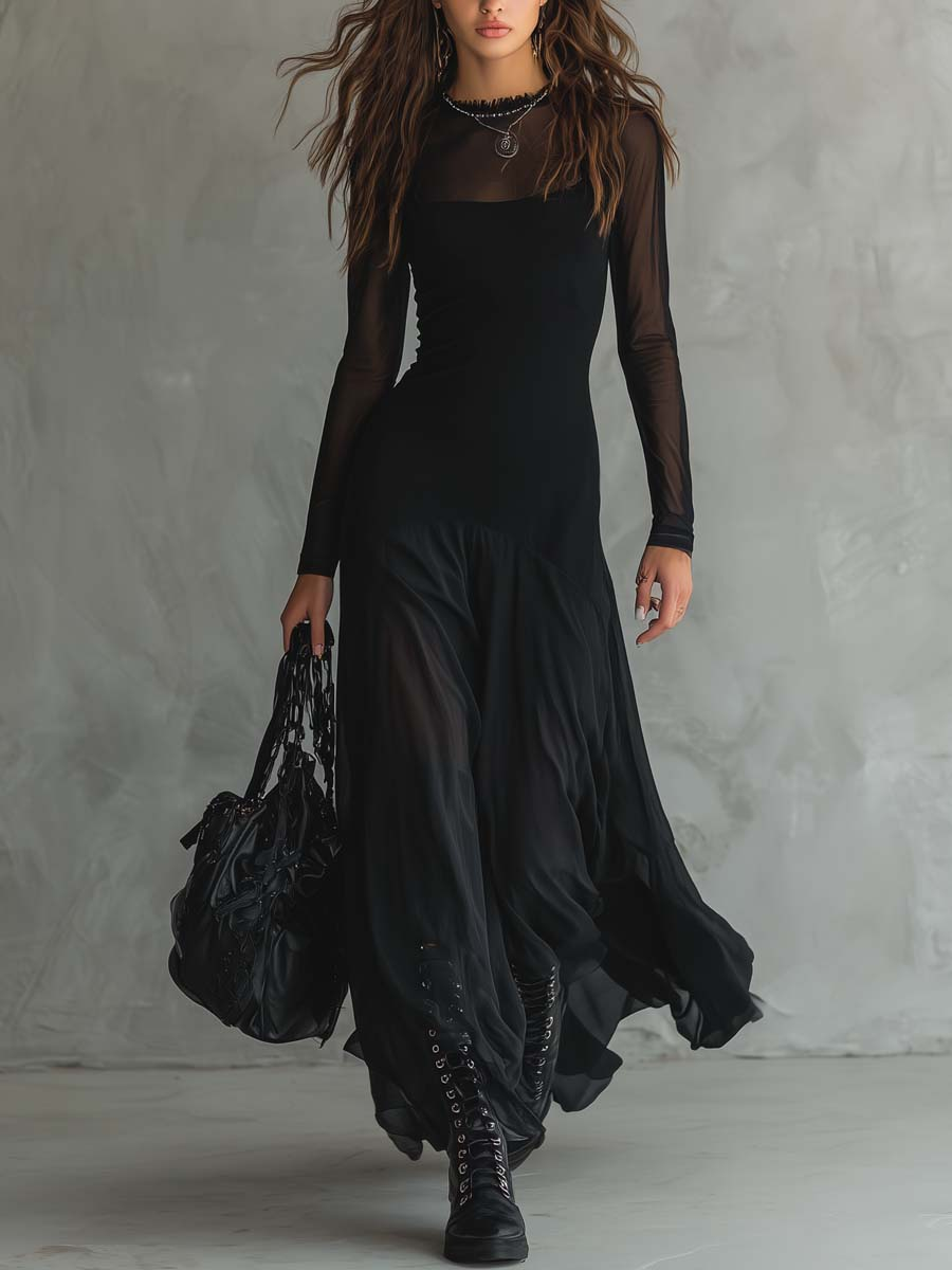 Aneta - Czarna Sukienka Maxi z Tulle w Luźnym Fasonie