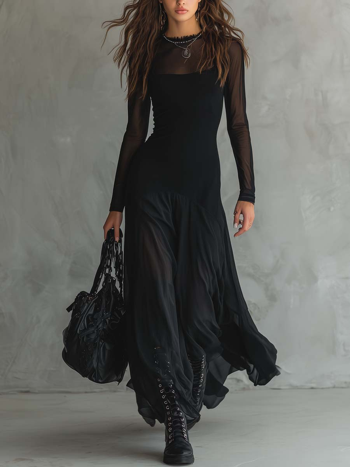 Aneta - Czarna Sukienka Maxi z Tulle w Luźnym Fasonie